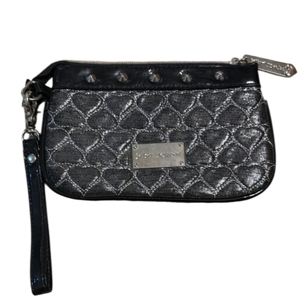 Betsey Johnson  Black & Silver Quilted Heart Studded Clutch Wristlet